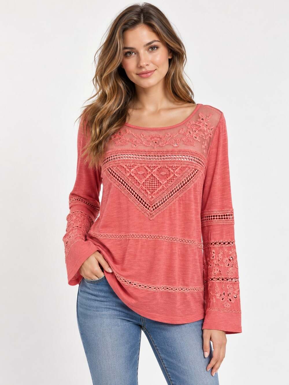 Sundance Embroidered Coral Cotton Top Medium Burnout